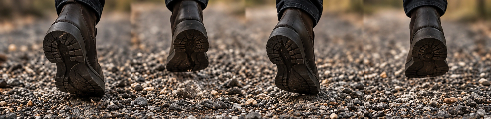 A sequence of boots alternating left and right on gravel